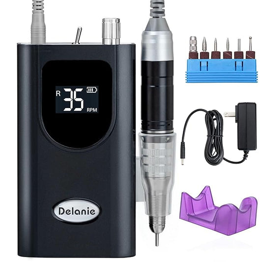 Delanie Professional Nail Drill High Torque 35000 RPM Rechargeable Portable Electric Nail File Filer for Acrylic Gel with Cuticle Bits, Salon Manicure Tool, Black-Velvo Beauty