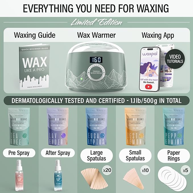 Tress Wellness Waxing Kit for Sensitive Skin – Safe for Face & Skin, Prep & Aftercare Spray, Easy to Use – At-Home Kit for Face, Bikini, Brazilian & Full Body - Digital Display, Green Mountain-Velvo Beauty
