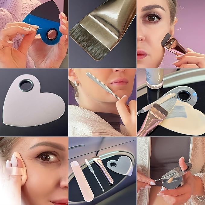 Makeup Brush Set - Flat Foundation Brush, Blender Sponge, Face Spatula, Puff & Heart-Shaped Mixing Palette with Leather Case – Complete Face Makeup Tool Kit for Blending, Foundation & Application-Velvo Beauty