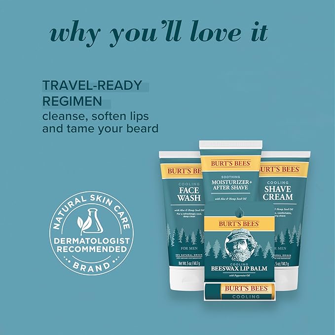 Burt's Bees Gifts Ideas - Grooming Essentials Kit, 4 Products for Men - Cooling Face Wash, Shave Cream, Soothing Moisturizer After Shave & Original Beeswax Lip Balm-Velvo Beauty