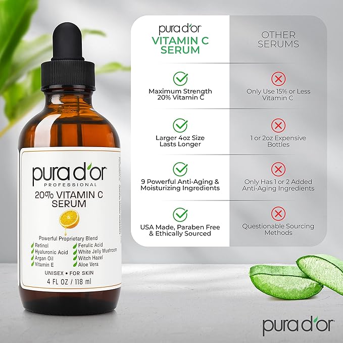 PURA D'OR 20% Vitamin C Serum 4 Oz - Lightweight Maximum Strength Formula - Retinol, Hyaluronic Acid, Ferulic Acid - Professional Grade Treatment For Face & Eyes, Wrinkles - Men & Women-Velvo Beauty