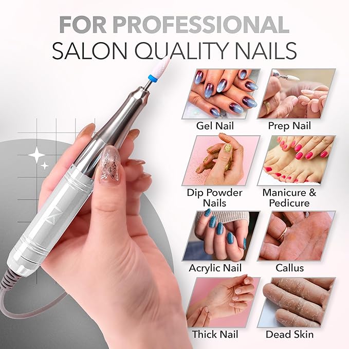 M Mase- Professional Nail Drill Machine - Coreless 2-in-1 Nail File - Electric, Cordless, 35000 RPM, HD Display - Electric Nail Drill for Professional & Home Use (White)-Velvo Beauty