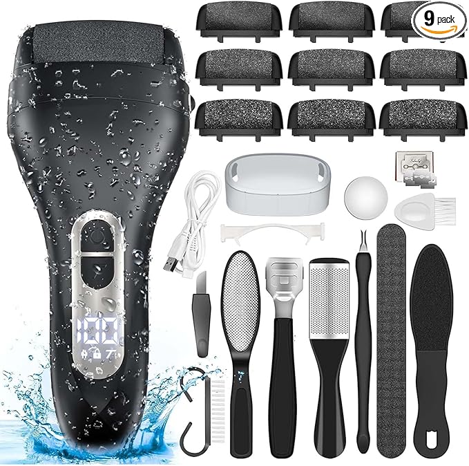 Electric Callus Remover for Feet - with 9pcs Larger Grinding Head, Portable Pedicure Kit Foot File Callus Remover, Rechargeable Waterproof Foot File for Foot Care Deadskin Remover LCD Display-Black-Velvo Beauty