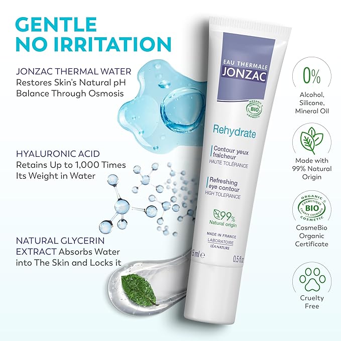 Rehydrate Organic Refreshing Eye Contour Cream - Soothing Hydration with Hyaluronic Acid For Dark Circles -For Sensitive Skin 0.5 Fl Oz-Velvo Beauty