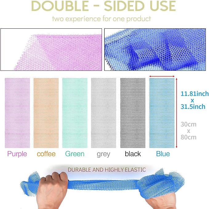 UJFQBH 6 Pieces African Bath Sponge African Net Long Net Bath Sponge Exfoliating Shower Body Scrubber Back Scrubber Skin Smoother,Great for Daily Use (Purple, Gray, Blue, Black, Brown, Green)-Velvo Beauty