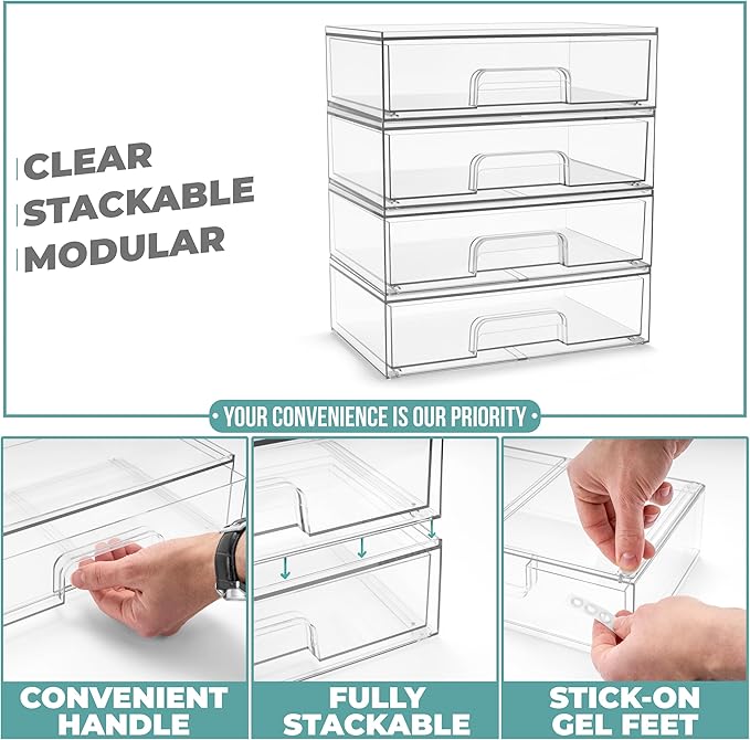 Sorbus Acrylic Storage Containers - 4 Pack, Stackable Storage Bins Set for Bathroom Organization - Clear Acrylic Drawer Organizers - Makeup Case Pull-Out Drawers (12.1’’ Wide)-Velvo Beauty