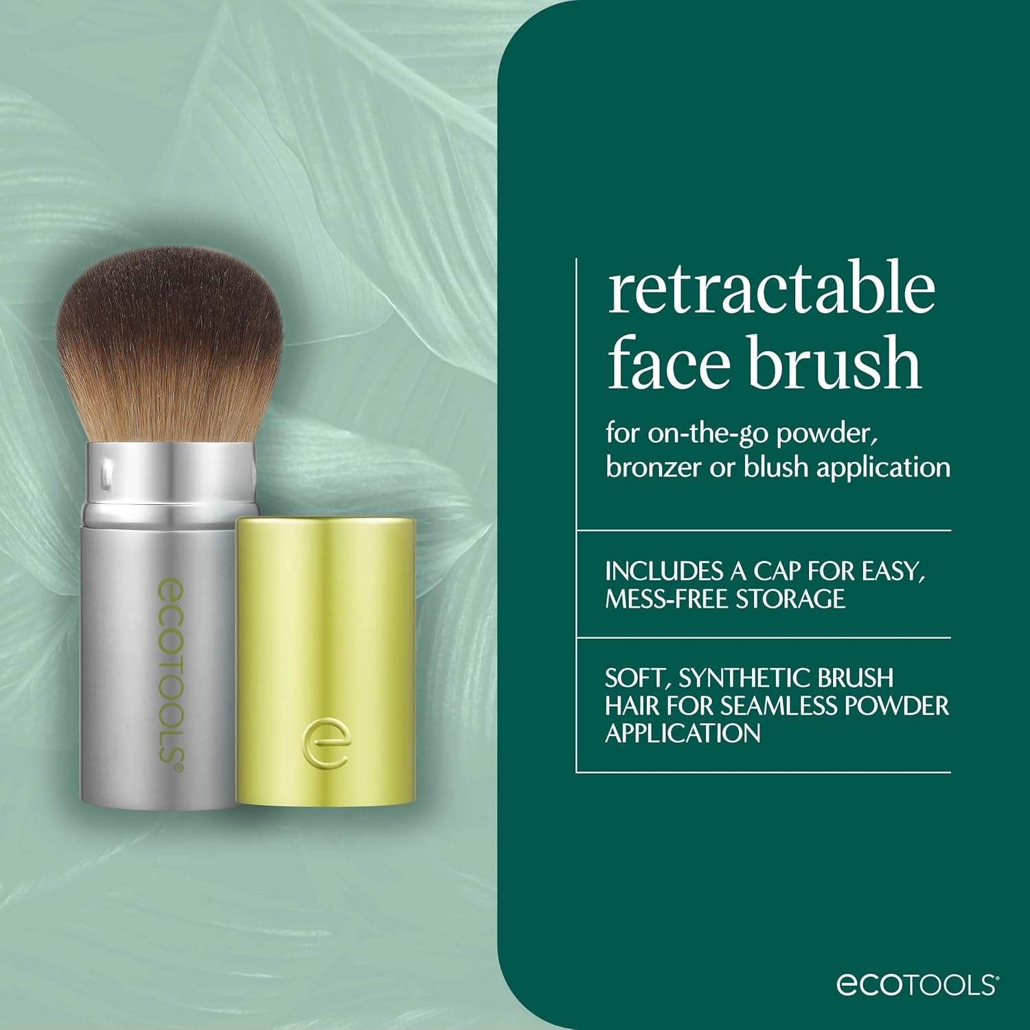 EcoTools Retractable Face Makeup Brush, Kabuki Brush for Foundation, Blush, Bronzer, & Powder, Travel Friendly & Perfect for On The Go, Eco Friendly, Synthetic & Cruelty Free Bristles, 1 Count-Velvo Beauty