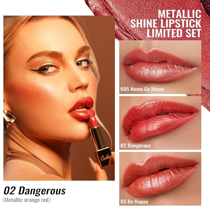 Oulac Metallic Orange Lipstick Set 3PCS, Comfortable Creamy Texture, Smooth No Grainy Feeling, Vegan & Gluten Free, Full-Coverage Lip Makeup, 3 X 4.3 g, 605+02+05-Velvo Beauty