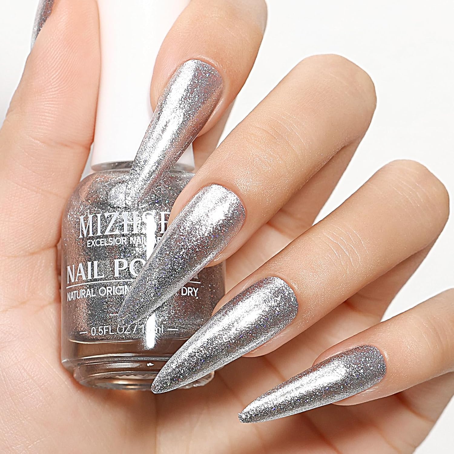 MIZHSE Quick Dry Glitter Silver Nail Polish, Classic Nail Polish Air Dry Fast, 15ml High Glossy Sparkly Shiny Shimmery Nail Art Salon Manicure Home-Velvo Beauty
