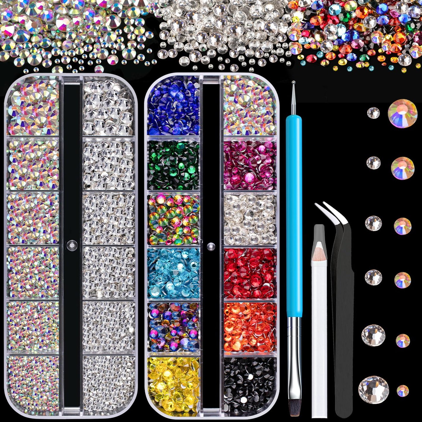 Rhinestones for Nails, Manicure Gem, Flat Back Glass Crystal AB & Transparent Clear + Mixed Color Iridescent Chameleon Gemstones, 2-5mm Round Gems for Nail Art Decor with Pickup & Dotting Tools-Velvo Beauty