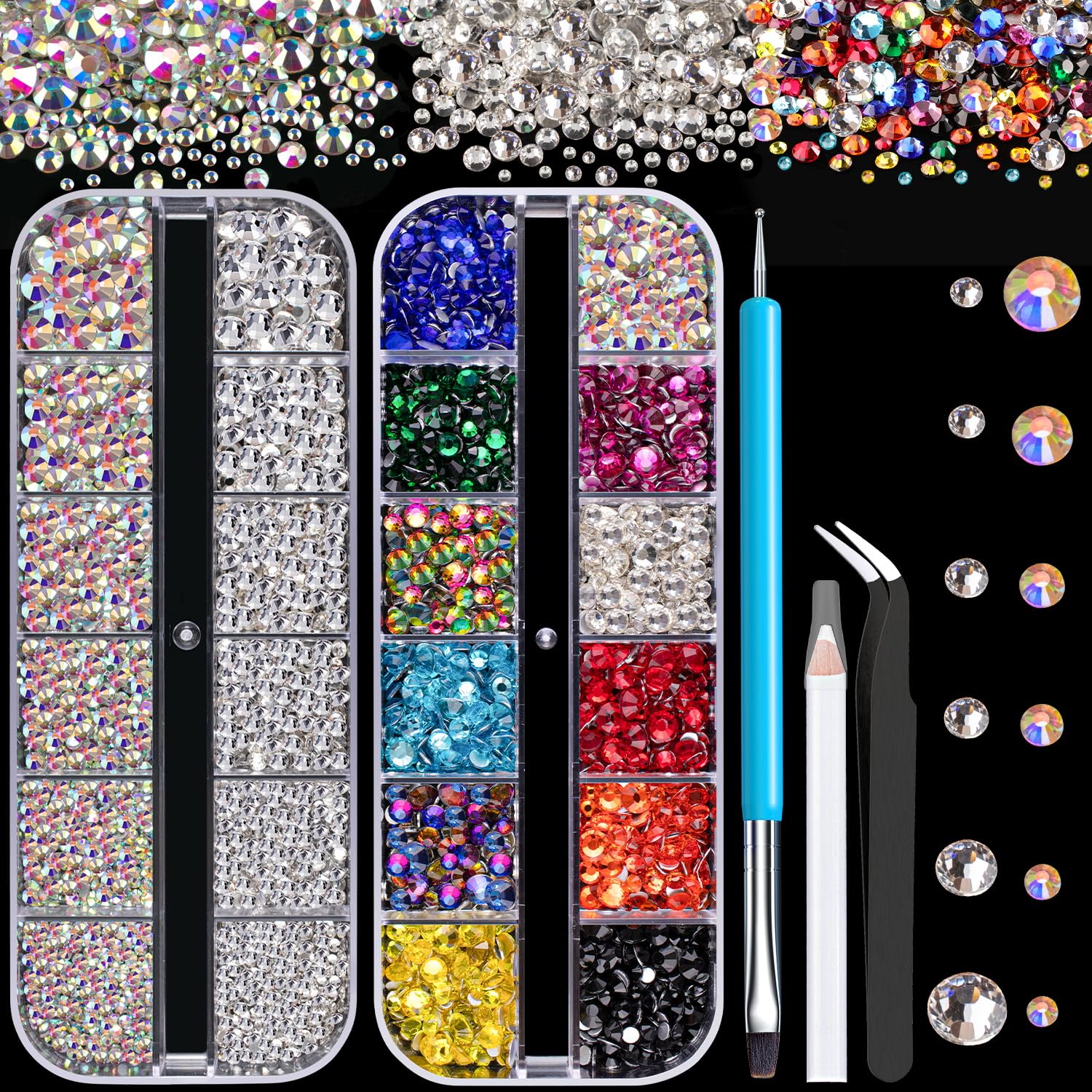 Rhinestones for Nails, Manicure Gem, Flat Back Glass Crystal AB & Transparent Clear + Mixed Color Iridescent Chameleon Gemstones, 2-5mm Round Gems for Nail Art Decor with Pickup & Dotting Tools-Velvo Beauty