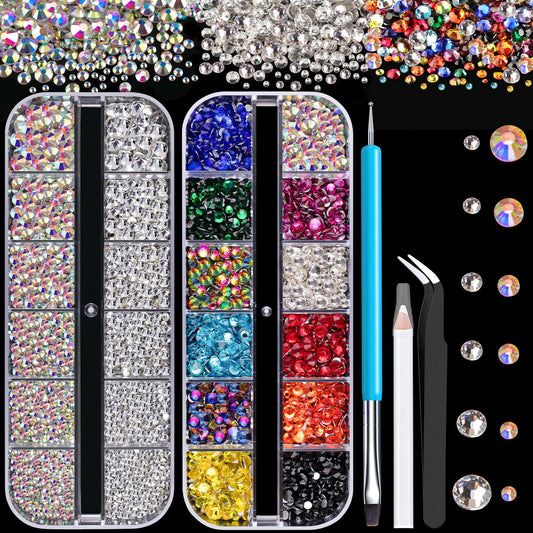 Rhinestones for Nails, Manicure Gem, Flat Back Glass Crystal AB & Transparent Clear + Mixed Color Iridescent Chameleon Gemstones, 2-5mm Round Gems for Nail Art Decor with Pickup & Dotting Tools-Velvo Beauty