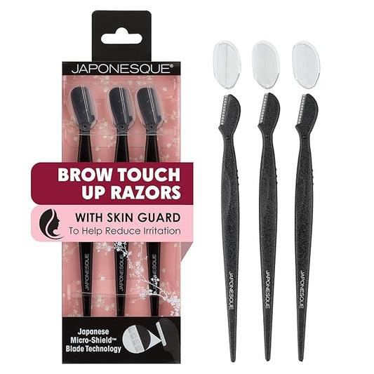 Japonesque Brow Touch Up Razors with Ultra-Sharp Stainless Steel Blades, for Removal of Unwanted Facial Hair and Peach Fuzz, Protective Blade Cover for Safe Storage Included-Velvo Beauty