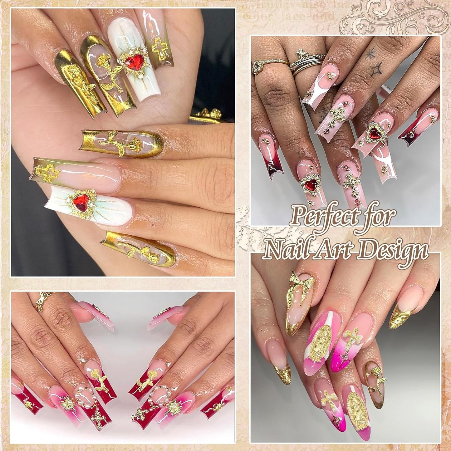 80+ Pcs Golden Nail Charms with Nail Art Rhinestones Gold Cross Virgin Mary and Rose Nail Gems for Acrylic Nails Accessories for Women Nail Decorations Manicure Craft DIY Supplies-Velvo Beauty