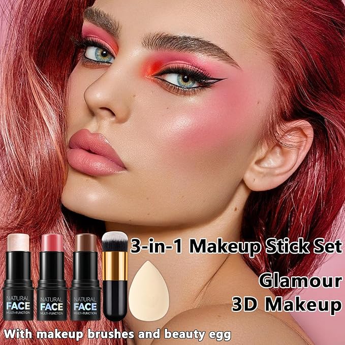 3 Pcs Contour Stick, Highlighter Stick, Blush Stick, Cream Contour Kit with Contour Brush, Create Face Contour, Non-greasy, Waterproof Long-lasting Effect for Women (2+5+6,LIGHT MEDIUM)-Velvo Beauty