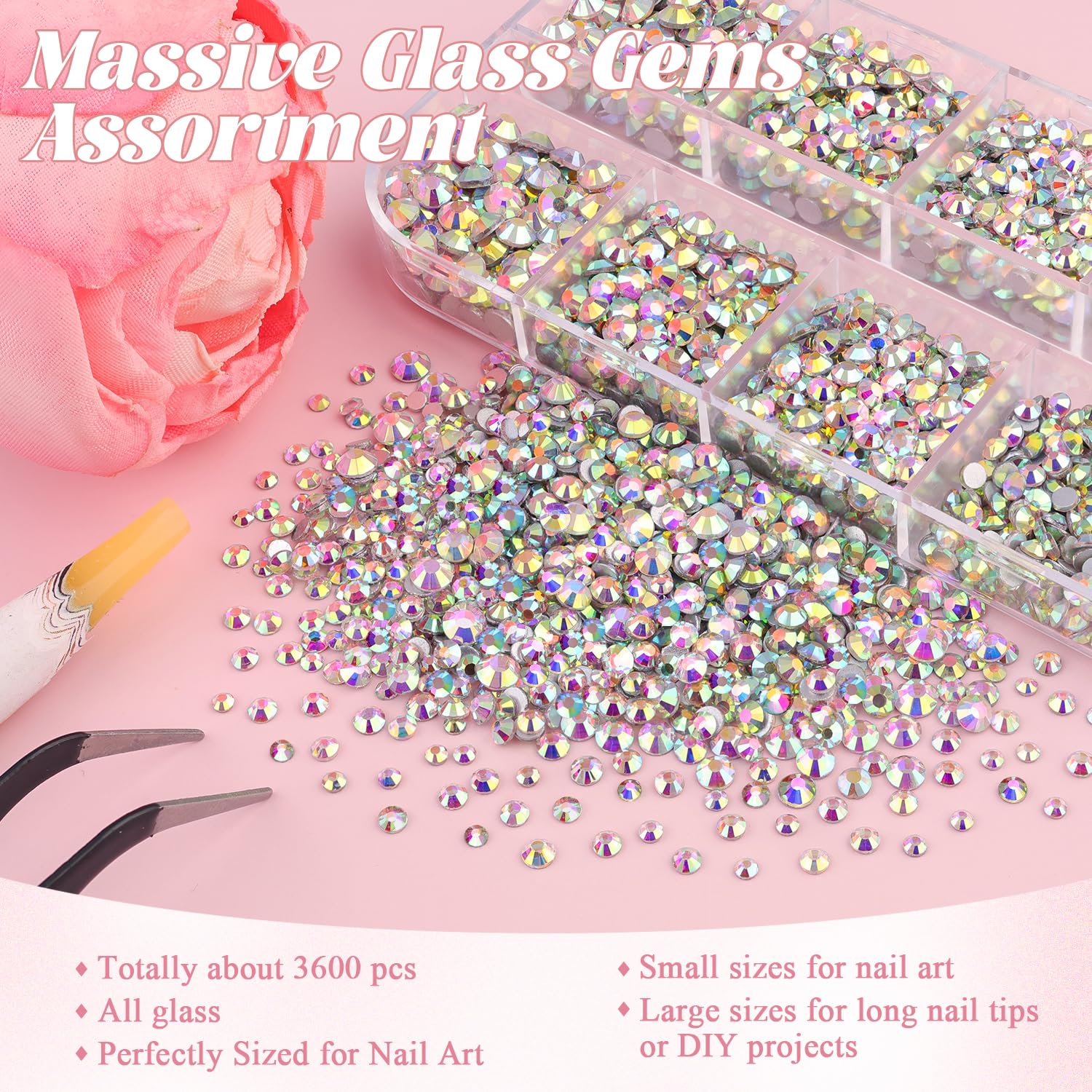 3600pcs Glass AB Nail Rhinestones 6 Sizes(1.8/2/2.4/2.8/3/4mm) Flatback Crystal Nail Charms Jewels Decoration for Nail Art and Crafting, Tweezer and Pickup Pen included-Velvo Beauty