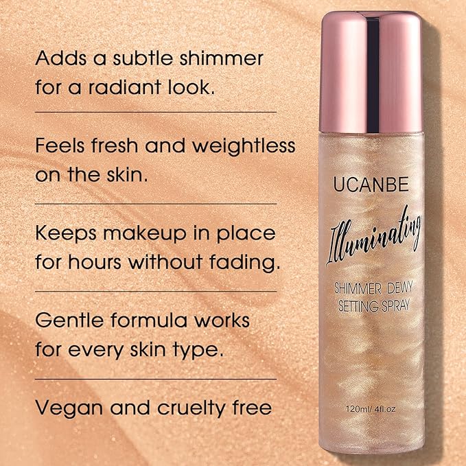 UCANBE Shimmer Dewy Setting Spray – Glowing + Makeup Setting Spray 2 in 1 Lightweight Formula for a Radiant Glow,Long-Lasting Face Mist for Face Body, 4 Fl Oz #Champagne-Velvo Beauty