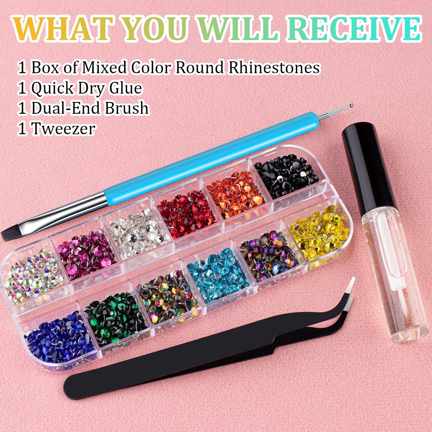Round Flatback Face Gems Kit (Colorful) for Makeup with Quick Dry Glue + Brush + Tweezer, Nail Art Rhinestones Mixed Color Iridescent Chameleon Glass Crystal Beads for Make-up Deco-Velvo Beauty