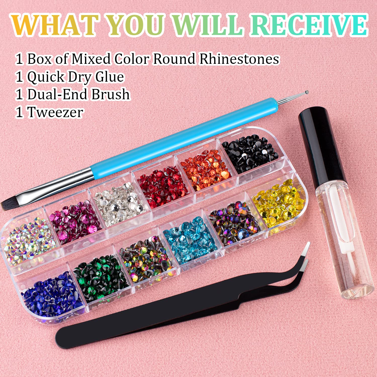 Round Flatback Face Gems Kit (Colorful) for Makeup with Quick Dry Glue + Brush + Tweezer, Nail Art Rhinestones Mixed Color Iridescent Chameleon Glass Crystal Beads for Make-up Deco-Velvo Beauty