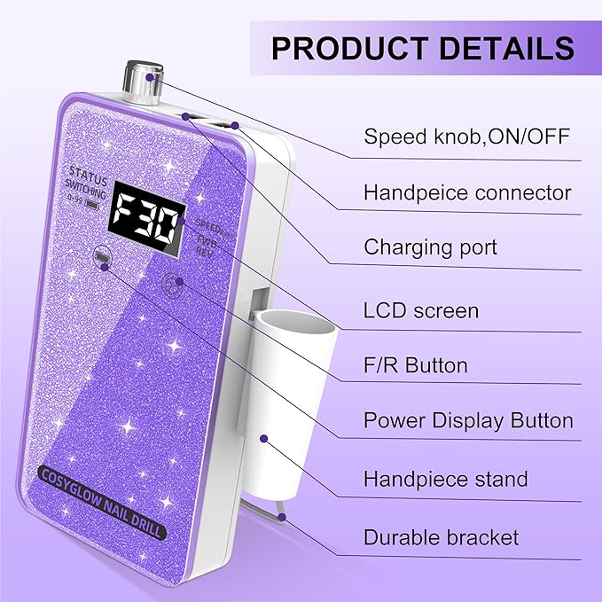 Professional Electric Nail Drill File:COSYGLOW Glitter Portable Cordless E-File Nail Drill Kit with 11 Drill Bits,30000 RPM Rechargeable Nail Drills Machine for Acrylic Nails Gel Polishing(Purple)-Velvo Beauty