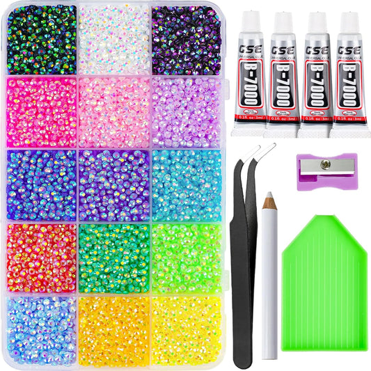 Canvalite 18000PCS Nail Rhinestones for Crafting, Multicolor 3mm Flatback Rainbow Gems, Bedazzling Crystal with 4Pcs 2.5g Jewelry Glue for DIY Crafts Clothing Shoes Nail Art,Stocking Stuffers Gifts-Velvo Beauty