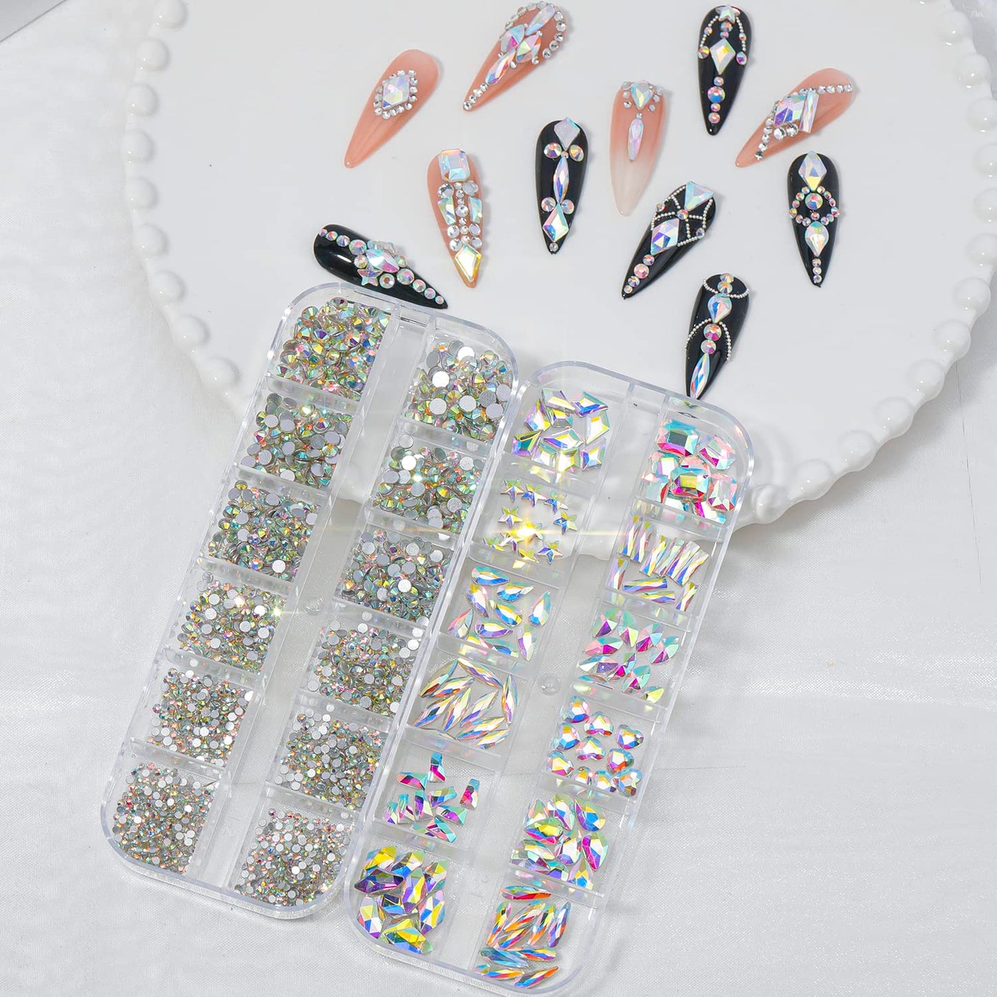 HNUIX Nail Rhinestones - 3D Multi Shape Size, AB Crystal Nail Gems and Charms, Flat Back, with Kit, for Nail Art, DIY Decorations-Velvo Beauty