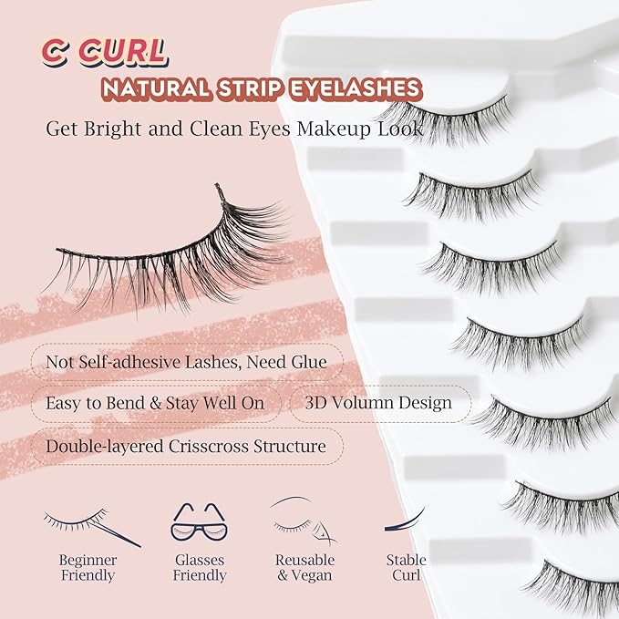 Natural Lashes Wispy Eyelashes Natural Look Short Lashes Pack 12mm Eyelashes C Curl False Lashes Thinner Band 3D Volume Fake Eyelashes 7 Pair Siligli-Velvo Beauty