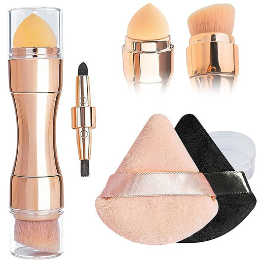 kullder 4 in 1 Makeup Brush Travel Makeup Brushes Blend Sponge, Eyebrow, Eyeshadow & Blush Brushes for Foundation Concealer Double Ended Makeup Brush with Powder Puff Women Ideal Gifts-Velvo Beauty