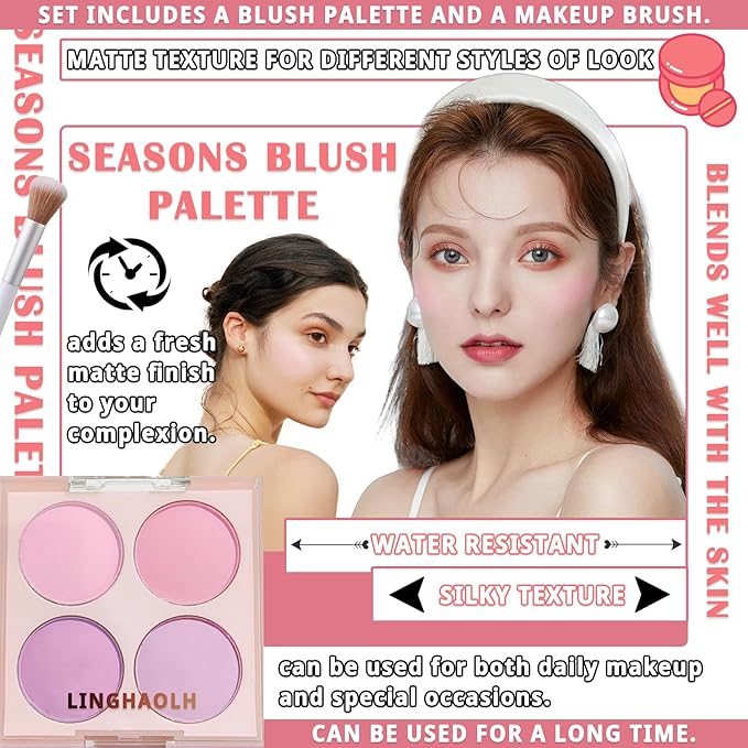 4 Colors Blush Palette for Cheeks,Face Matte Contour Blush Makeup Palette,Buildable Shimmer Facial Cheek Blusher Shades,Blendable Cosmetic Makeup Blush with Blush Brush 02-Velvo Beauty