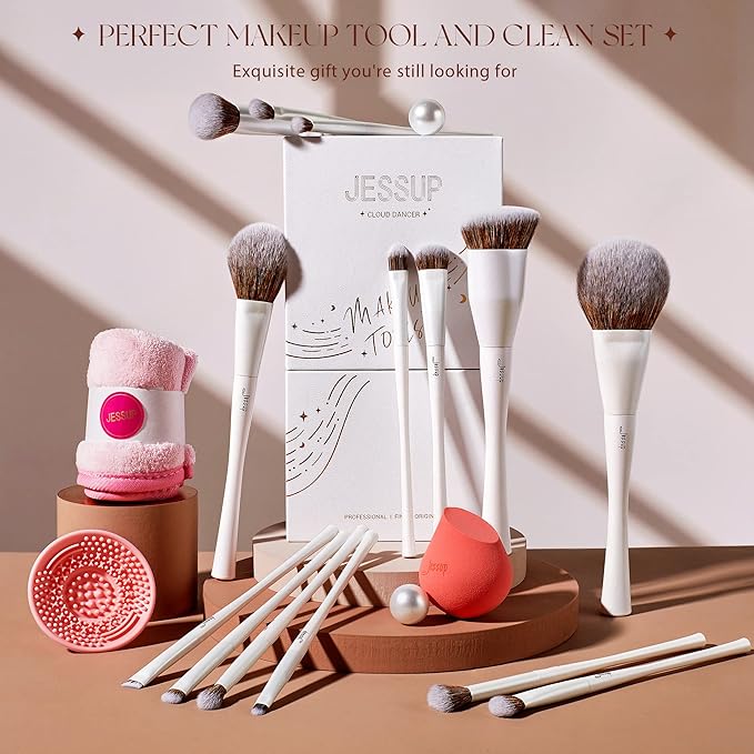 Jessup Makeup Brushes Set 14pcs Highend Makeup Gift Set for Women Include Foundation Concealer Blush Contour Powder Eye Shadow Brush, Makeup Sponge, Makeup Brush Cleaner and Towel, Pearl White T333-Velvo Beauty