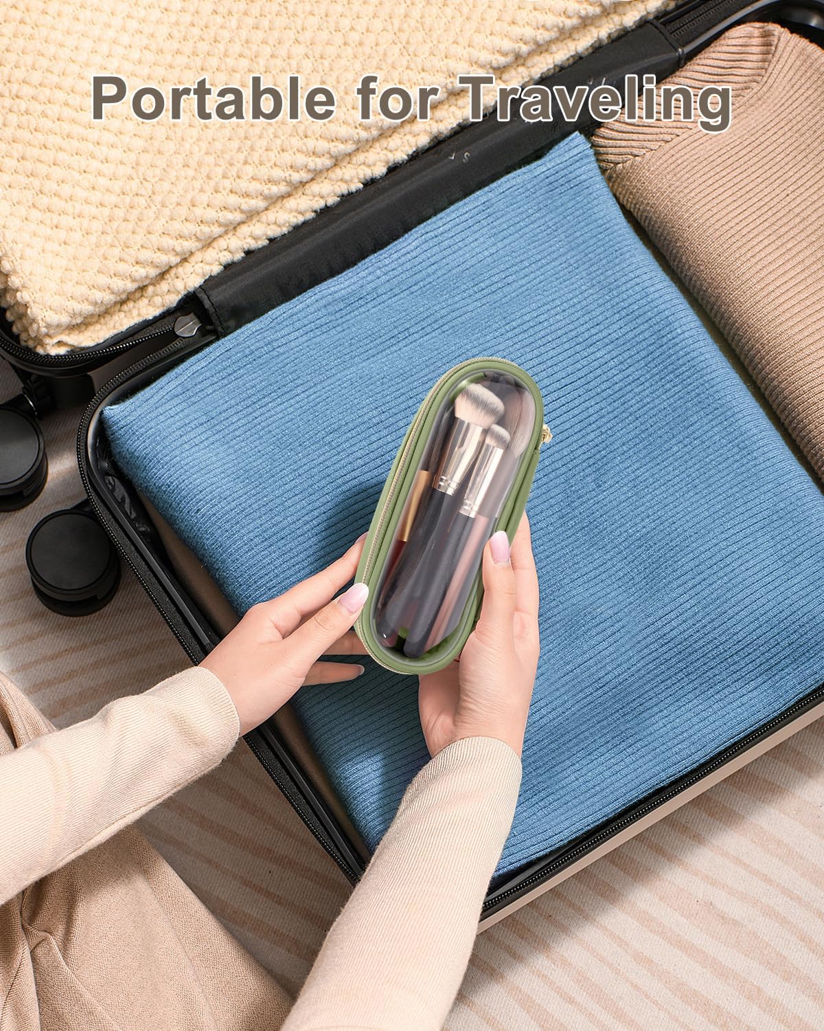 Clear Travel Makeup Brush Holder, Leather Makeup Brush Toiletry Bag, Portable Cosmetic Brush Case, Transparent Waterproof Makeup Brush Storage Bag, Green-Velvo Beauty
