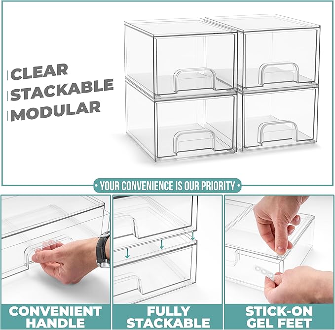 Sorbus Acrylic Storage Containers - 4 Pack, Stackable Storage Bins Set for Bathroom Organization - Clear Acrylic Drawer Organizers - Makeup Case Pull-Out Drawers (4.4’’ Tall)-Velvo Beauty