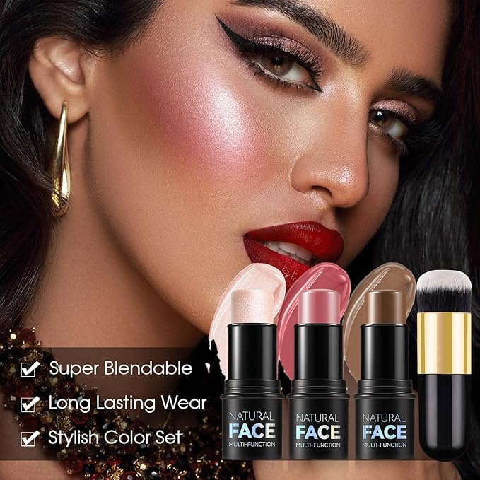 3Pcs Cream Contour Stick Makeup Kit - Cream Blush Stick Highlighter Stick Contour Bronzer Stick for Cheeks, Waterproof Long Lasting Blendable, Contour Stick Trio for Face Makeup (#02, 05, 06)-Velvo Beauty