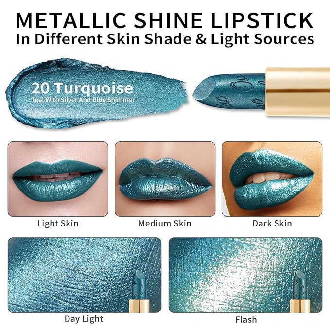 Oulac Metallic Green Lipstick for Women with Metallic 3D Shine, Lightweight Hydrating Formula, High-Impact Lip Color, Vegan Beauty, Full Coverage Lip Makeup, Turquoise (20)-Velvo Beauty