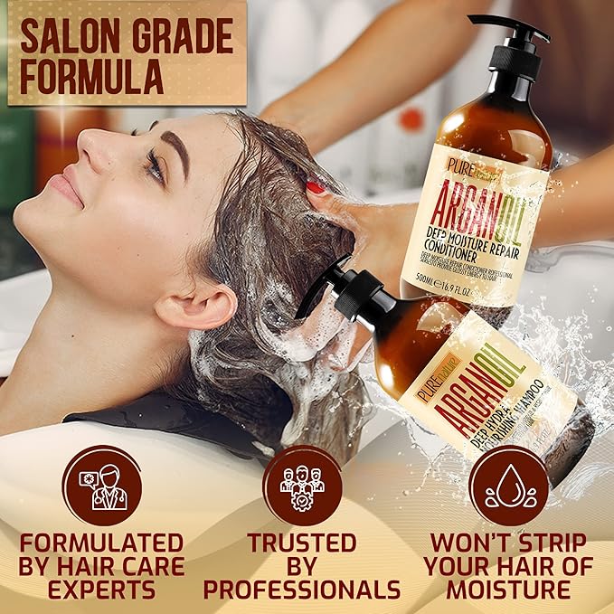 Argan Oil Shampoo and Conditioner Set - Sulfate Free Moroccan Care with Keratin - For Curly, Straight, Dry and Damaged Hair - Moisturizing, Hydrating, Anti Frizz Salon Technology-Velvo Beauty