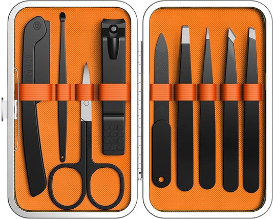 Yougai 9 Pcs Tweezers Set for Facial Hair Women with Travel Case, Professional Stainless Steel Eyebrow Tweezers Kit Great Precision Tweezers for Daily Beauty Tool-Velvo Beauty