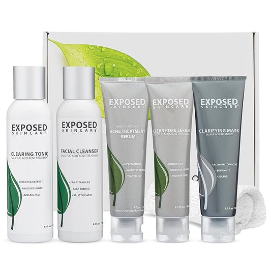 Exposed Skin Care Acne Treatment Kit - Includes Facial Cleanser, Clearing Tonic, Acne Treatment Serum, Clear Pore Serum, Clarifying Mask, Cloth - Natural Acne Solution for Face, All Ages & Skin Types-Velvo Beauty