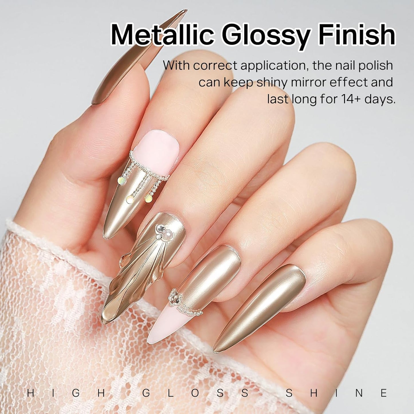 MIZHSE Champagne Mirror Nail Polish, Quick Dry Metallic Nail Polish, Air Dry Fast Chrome Nail Lacquer Bright Color Oil-based Nail Art Manicure DIY Home-Velvo Beauty
