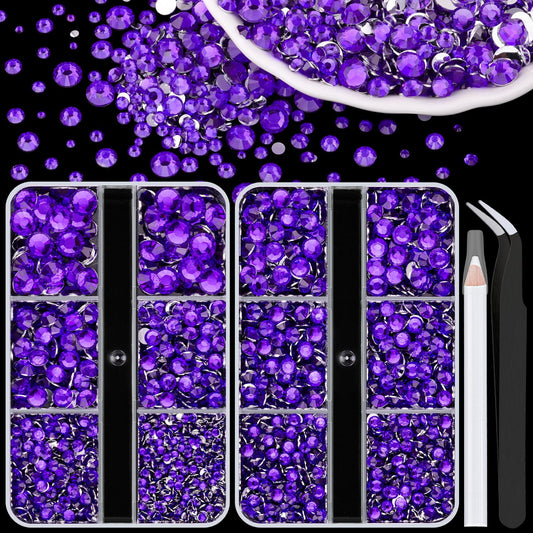 Resin Rhinestones for Crafting, 2 Boxeses Purple Multi Sizes Flatback Bedazzling Crystals for Crafts Nail Art Deco, Non Hotfix Gems Charms for Tumbler Shoes Clothing Fabric Face Makeup-Velvo Beauty