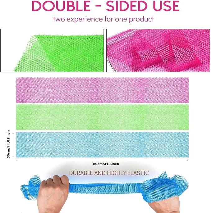UJFQBH 3 Pieces African Bath Sponge African Net Long Net Bath Sponge Exfoliating Shower Body Scrubber Back Scrubber Skin Smoother,Great for Daily Use (Rose Red, Blue, Green)-Velvo Beauty
