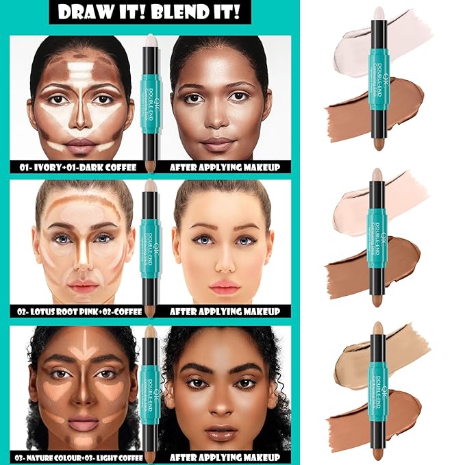 MEICOLY 2-in-1 Highlighter Contour Stick,Cool Toned Contour Stick,Makeup Highlighter Stick,Long Lasting Waterproof Bronzer Contour Pencil,Travel Cream Face Shaping Stick,03-Velvo Beauty