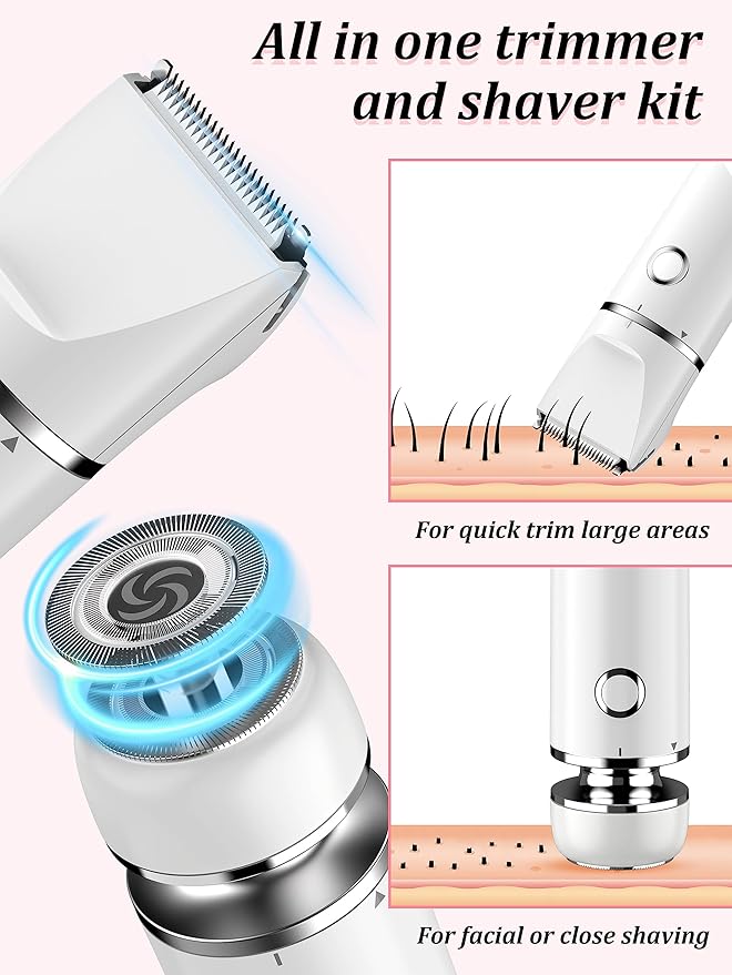 Bikini Trimmer and Shaver Kit for Women - 2-in-1 Wet/Dry Electric Body Hair Trimmer Facial Hair Removal Cordless Waterproof Bikini Shaver Razor for Face Lip Chin Pubic Underarm Legs (White)-Velvo Beauty