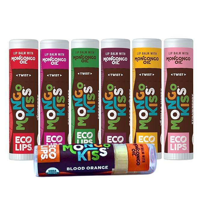 Eco Lips Mongo Kiss Organic Lip Balm 7 Pack - Blood Orange, Black Cherry, Pomegranate, Vanilla Honey, Peppermint, Strawberry Lavender, Yumberry | Mongongo Oil to Soothe & Moisturize Dry, Cracked Lips-Velvo Beauty