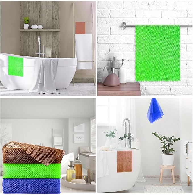 UJFQBH 3 Pieces African Bath Sponge African Net Long Net Bath Sponge Exfoliating Shower Body Scrubber Back Scrubber Skin Smoother,Great for Daily Use (Brown、Blue、Green)-Velvo Beauty