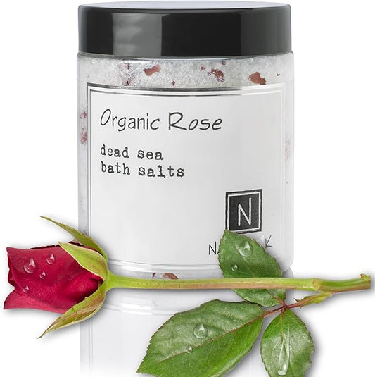 Organic Rose Bath Salts by Nabila K - Dead Sea Salt & Epsom Salt Scrub & Soak - Exfoliates & Hydrates Skin, Botanical Essential Oils - Bubble Bath Accessories for All Skins Types, 8 oz-Velvo Beauty