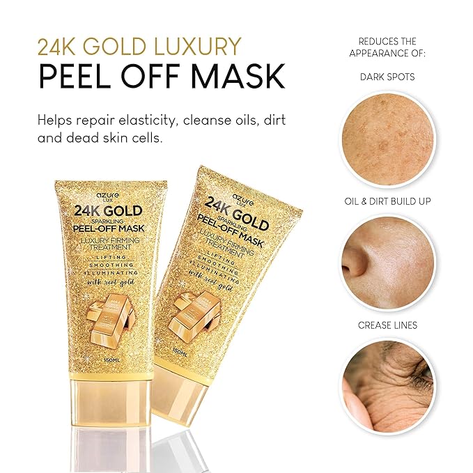 AZURE 24K Gold Firming Peel Off Face Mask - Anti Aging, Lifting, Illuminating & Revitalizing - Removes Blackheads, Dirt & Oil with Hyaluronic Acid & Collagen - Korean Skin Care - 150 mL - Pack of 2-Velvo Beauty