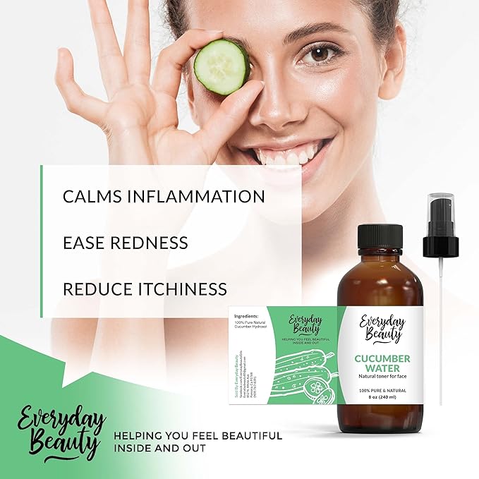 Cucumber Hydrosol Facial Toner - All Natural Hydrating Spray Mist for Face and Hair - 100% All Natural Cucumber Water Hydrosol 8oz with Fine Mist Cap-Velvo Beauty