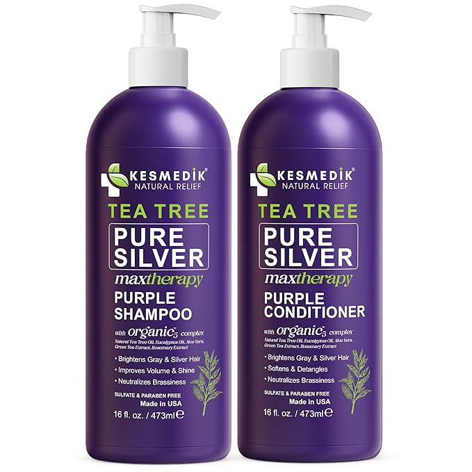 Tea Tree Purple Shampoo & Conditioner Set for Blonde, Bleached, Silver & Grey Hair, Anti-Brass Toner, Boosts Highlights & Color, Revitalizes, Relieves Itchy Scalp & Salon-Grade Hair Toner.-Velvo Beauty
