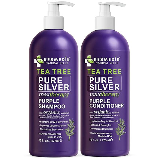 Tea Tree Purple Shampoo & Conditioner Set for Blonde, Bleached, Silver & Grey Hair, Anti-Brass Toner, Boosts Highlights & Color, Revitalizes, Relieves Itchy Scalp & Salon-Grade Hair Toner.-Velvo Beauty