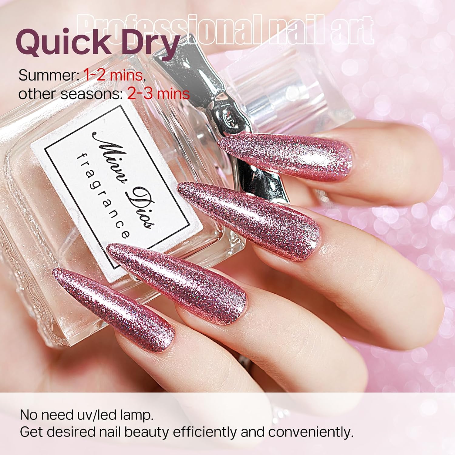 MIZHSE Quick Dry Glitter Pink Nail Polish, Shimmery Nail Polish Air Fast Drying, 15ml High Glossy Sparkly Shiny Nail Lacquer Nail Art Salon Manicure Home-Velvo Beauty